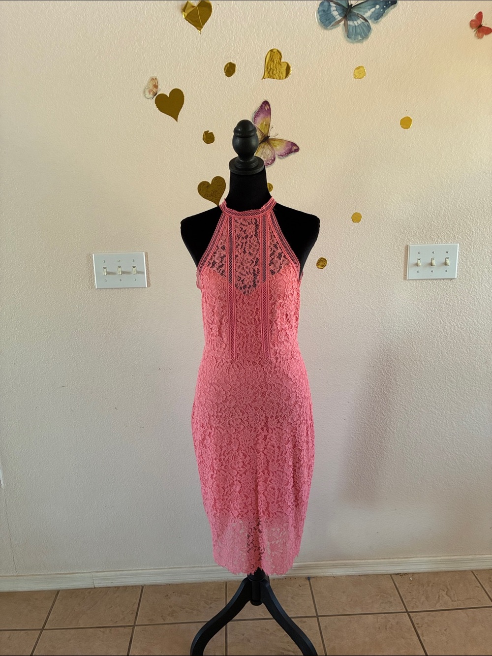 Express Pink Lace Halter Midi Dress